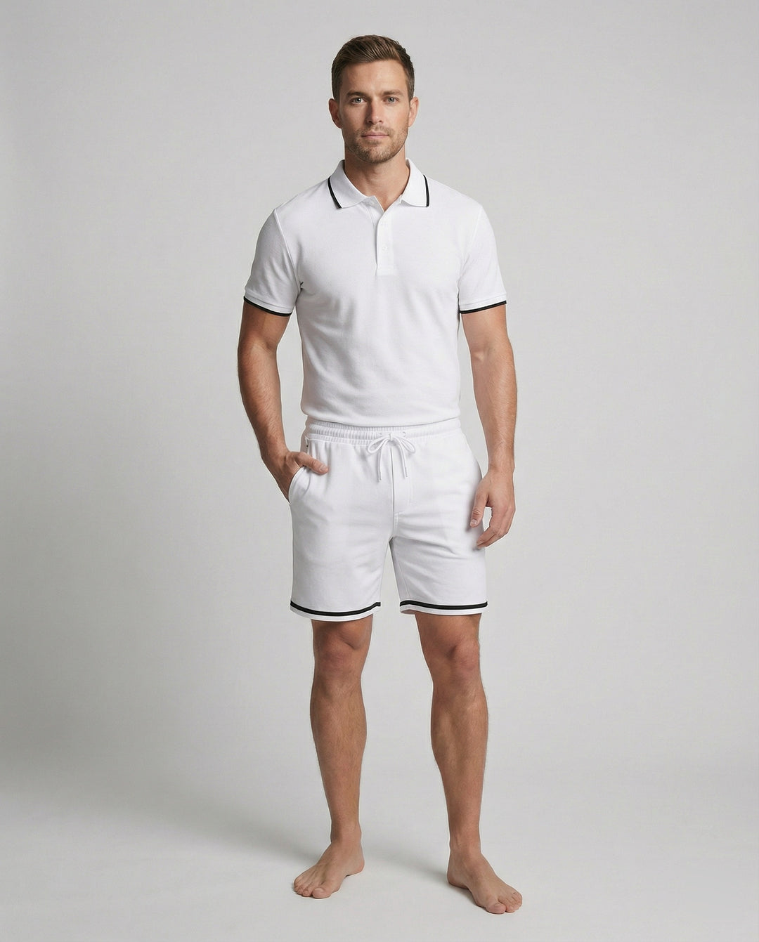 Herren Sportliches Polo- und Shorts-Set mit Kontraststreifen EB
