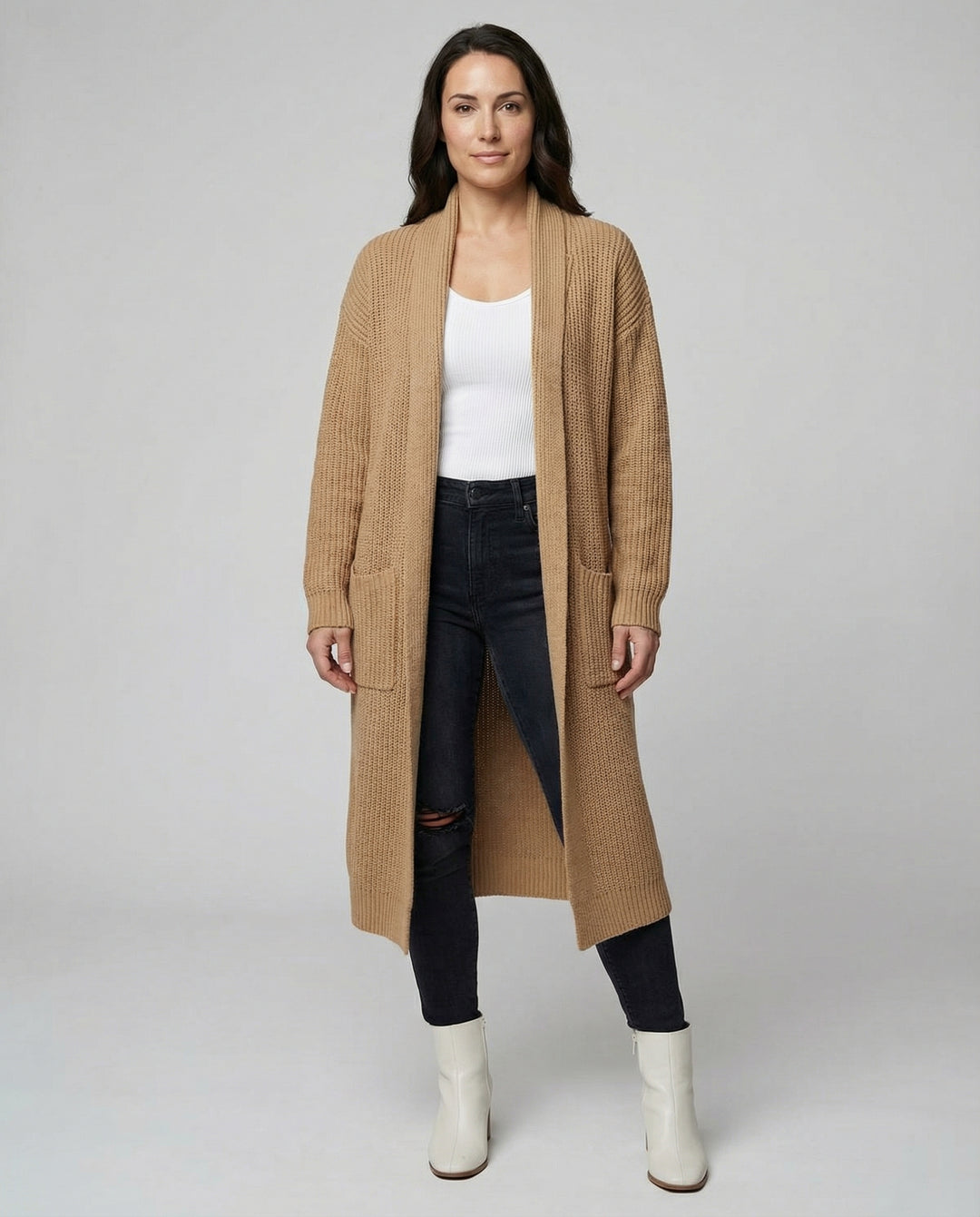 Damen Strickmantel mit Tiefem V-Ausschnitt und Seitlichen Eingrifftaschen EB