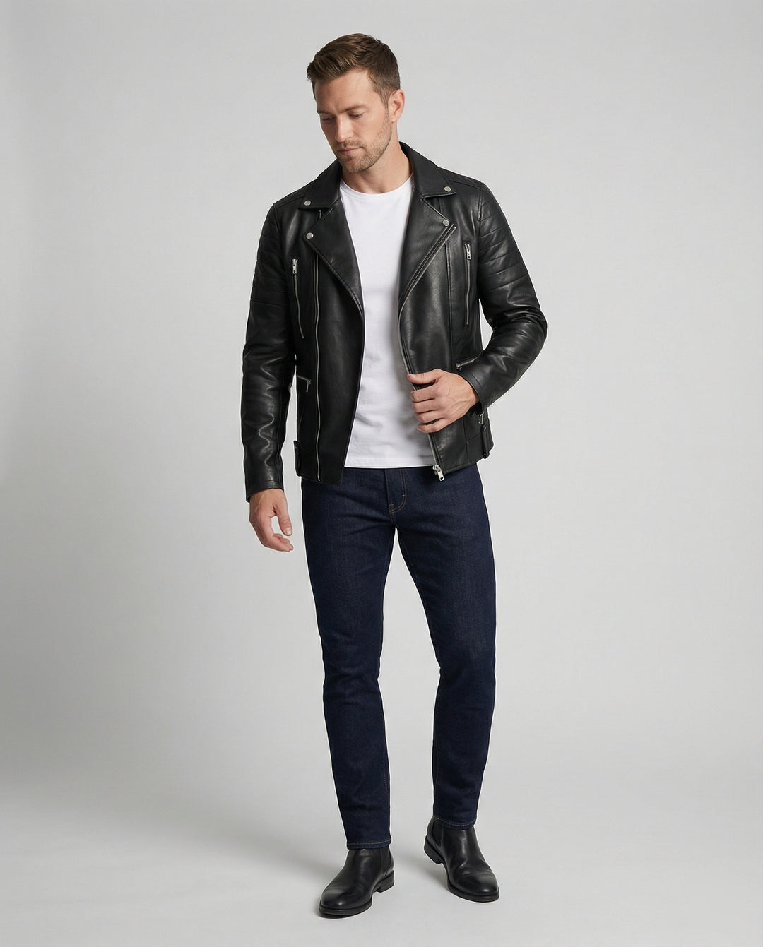 Herren Kunstleder Motorradjacke mit Reißverschluss EB