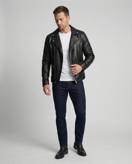 Herren Kunstleder Motorradjacke mit Reißverschluss EB