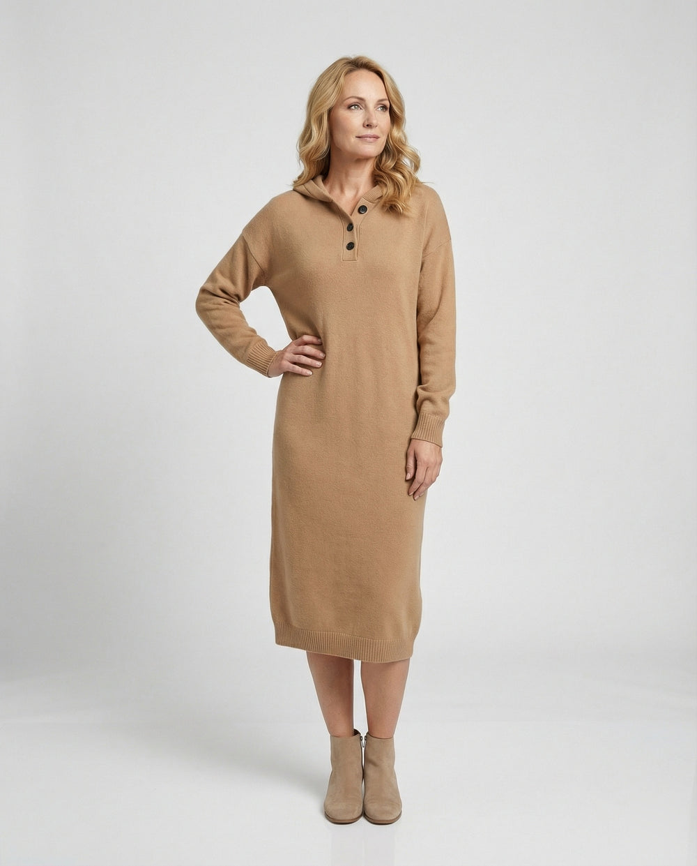 Damen Hoodie-Kleid aus weichem Strickmaterial mit Knopfleiste und Kapuze EB