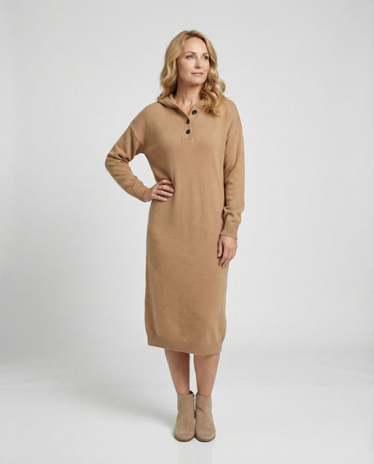 Damen Hoodie-Kleid aus weichem Strickmaterial mit Knopfleiste und Kapuze EB