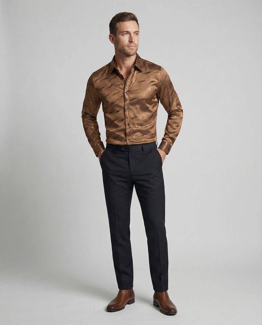 Herren Elegantes Langarmhemd mit modernem Wellenmuster und glänzender Oberfläche EB