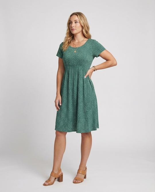 Damen Elegantes Grünes Midikleid mit Punktmuster & Kurzen Ärmeln | EB