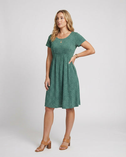 Damen Elegantes Grünes Midikleid mit Punktmuster & Kurzen Ärmeln | EB