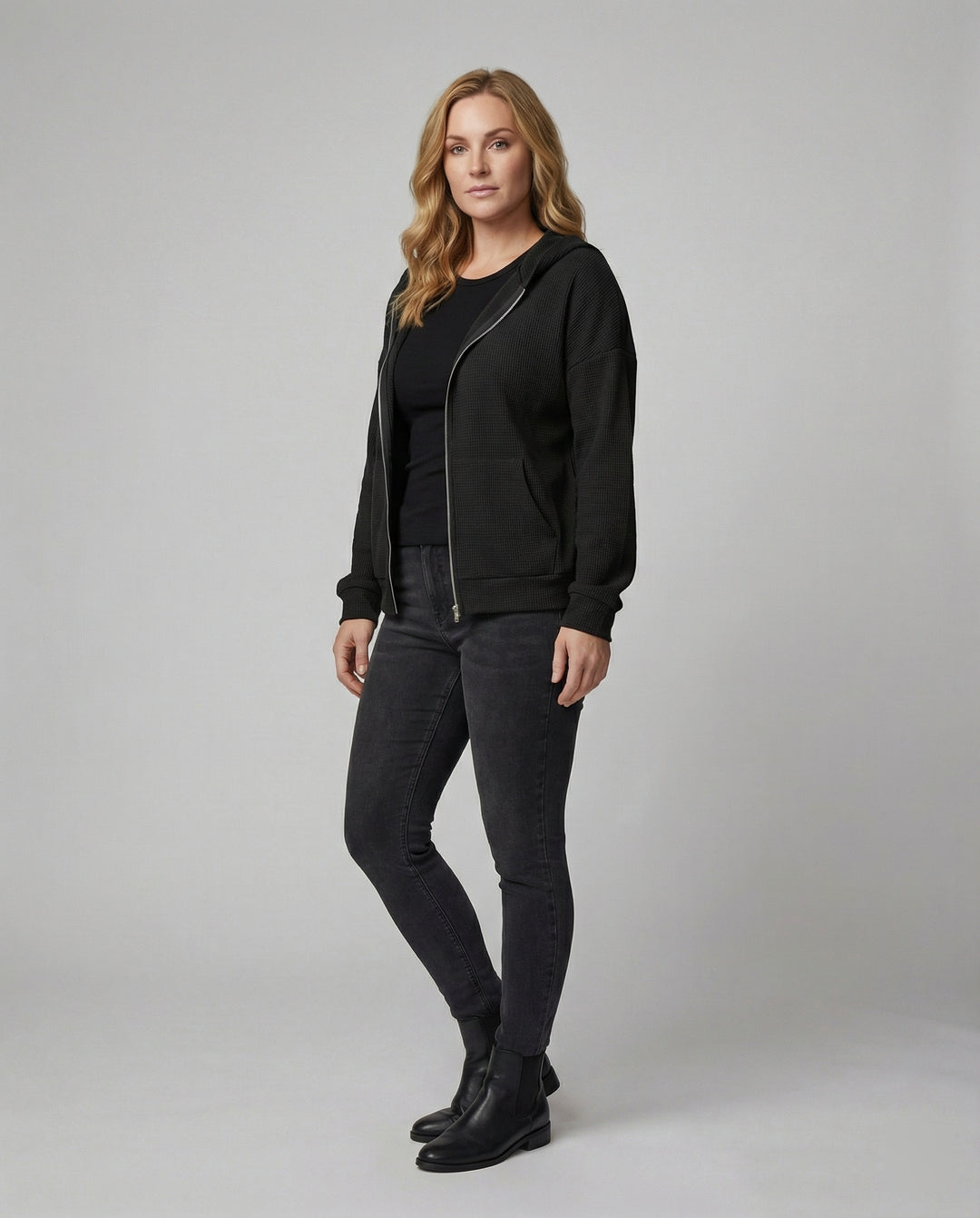 Damen lässige Waffle-Hoodie Jacke mit Reißverschluss EB