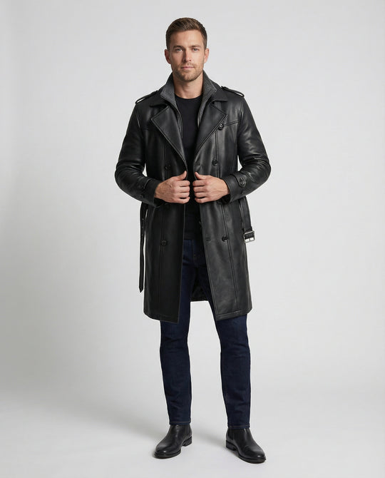EB | Doppelreihiger Leder-Trenchcoat Herren