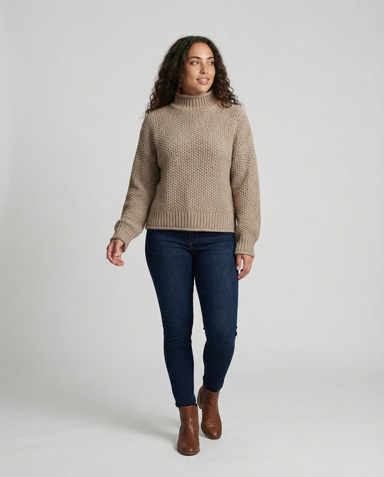 Damen kuscheliger Strickpullover mit hohem Kragen und weit geschnittenen Ärmeln EB