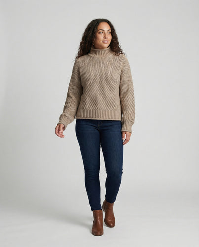 Damen kuscheliger Strickpullover mit hohem Kragen und weit geschnittenen Ärmeln EB