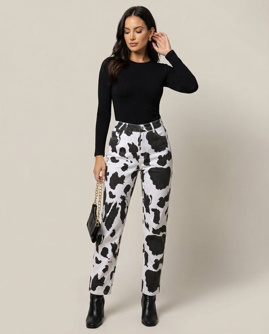 Damen Trendige Jeans im einzigartigen Kuhmuster EB