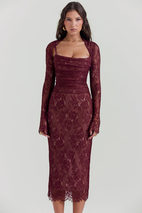 EB | Midi Kleid aus Bordeauxrotem Spitze