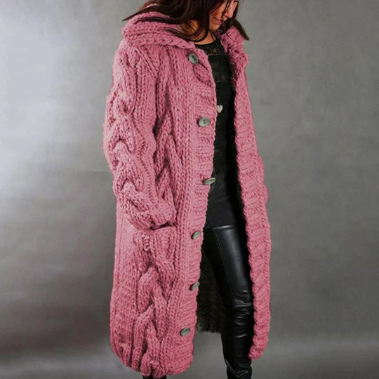 EB | Langer Grober Strickcardigan - Kapuzen Kabelstrick Maxi Mantel
