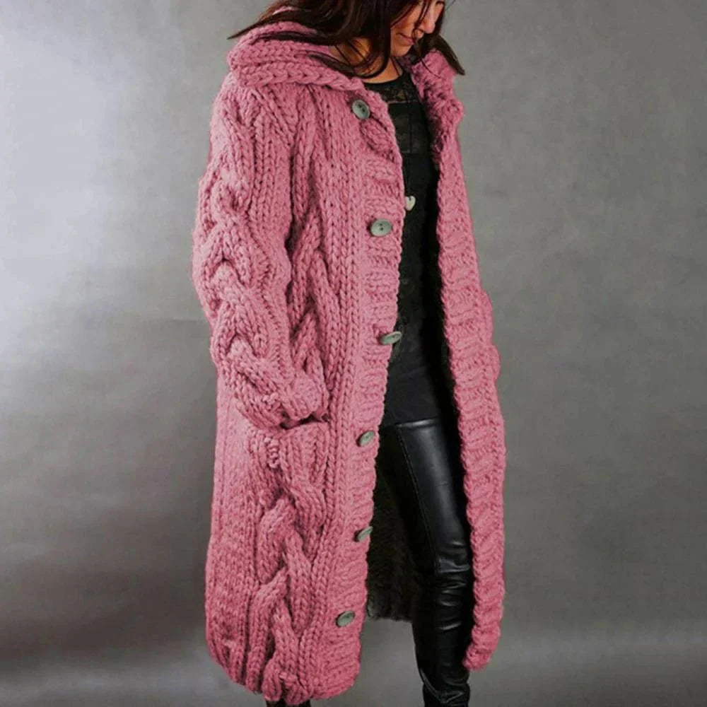 EB | Strickmantel - Oversized Fit - Wollmischung - Kabelmuster - Langes Modell - Kapuze
