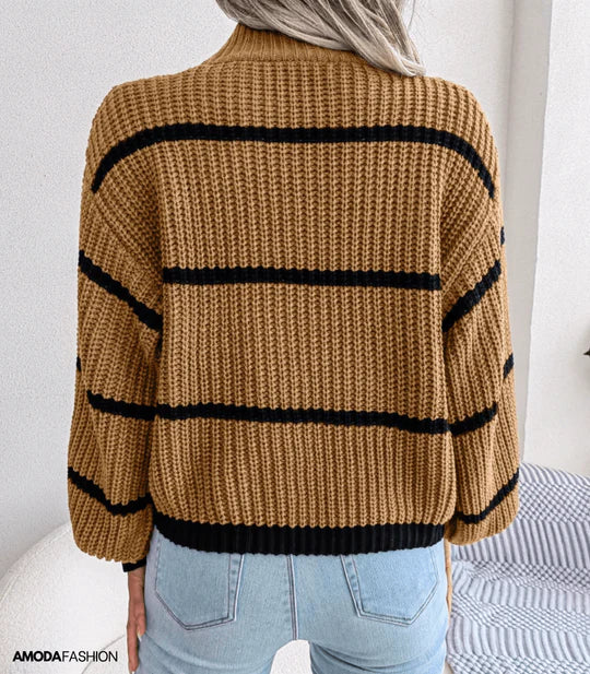 EB | Pullover - Damen Herbst Gemütlicher Rollkragen Gestreifter Pullover