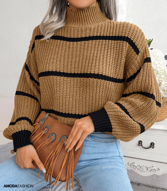 EB | Pullover - Damen Herbst Gemütlicher Rollkragen Gestreifter Pullover