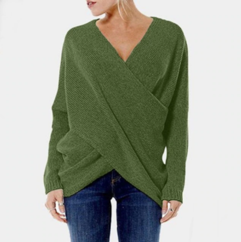 EB | Strickdamenpullover mit Wickel V-Ausschnitt und Langen Ärmeln