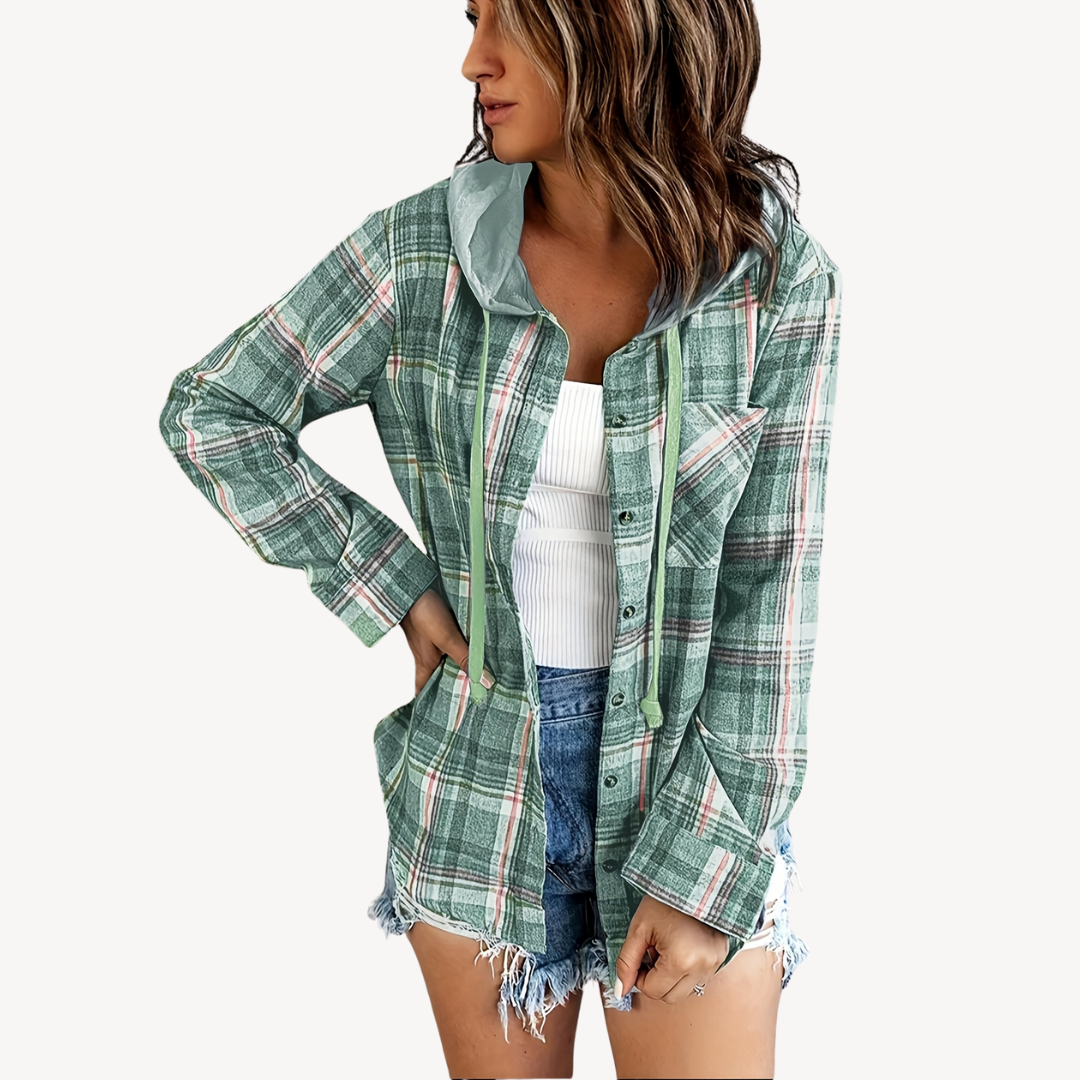 EB | Damen Karierte Button-Down Hemdjacke mit Kapuze