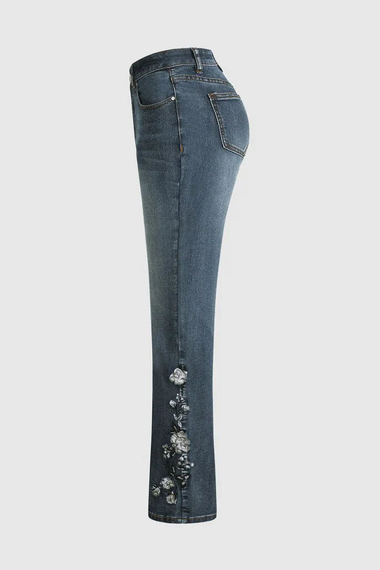 EB | Mittel Taille Flamingo Bestickte Jeans