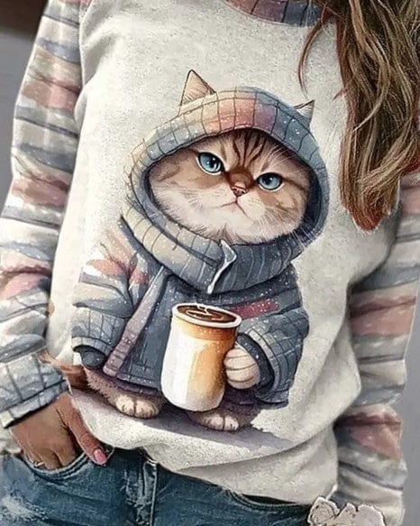 EB | Niedlicher Katzenpullover Lässig Einzigartiger Druck Ideal für den Winter