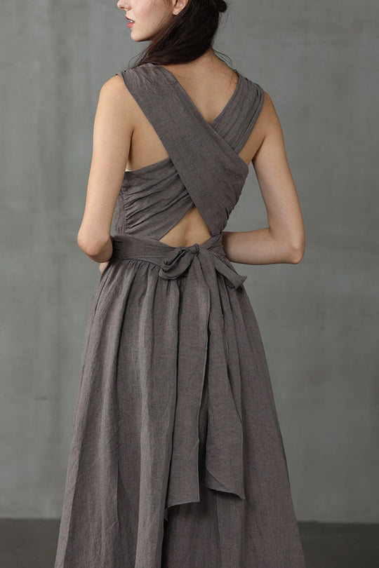 EB | Cross Back O-Hals Maxikleid Leinen