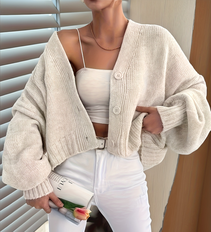 EB | Cardigan - Damen Herbst Elfenbein Weiß Baumwoll Cardigan