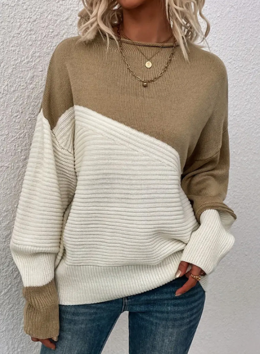 EB | Pullover - Damen Herbst Zweifarbiger Strickpullover
