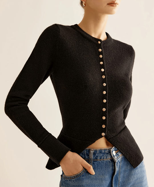 EB | Cardigan - Frauen Herbst Schwarz Strickjacke mit Knopfleiste