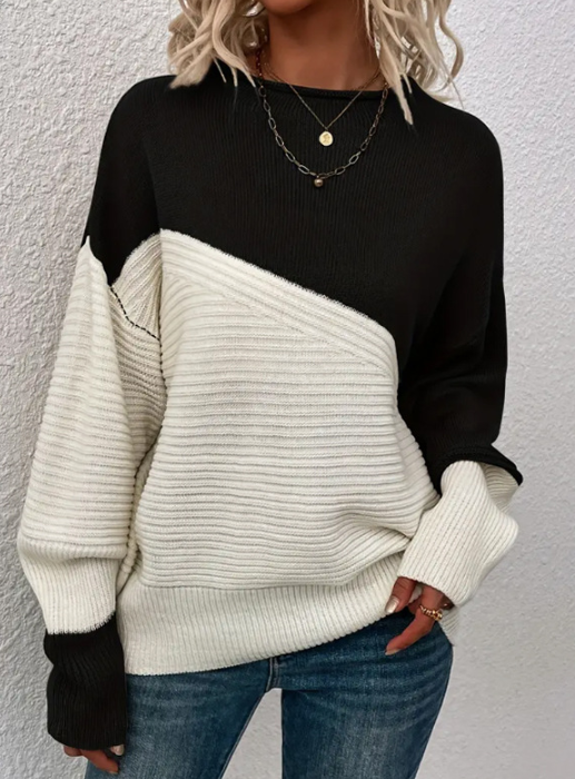 EB | Pullover - Damen Herbst Zweifarbiger Strickpullover