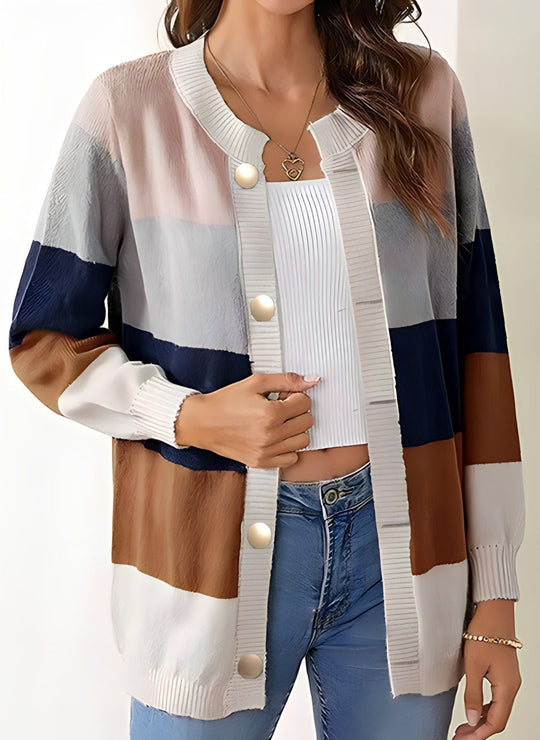 EB | Strickcardigan mit Breiten Streifen Perlmuttknöpfe Lässig und Farbig