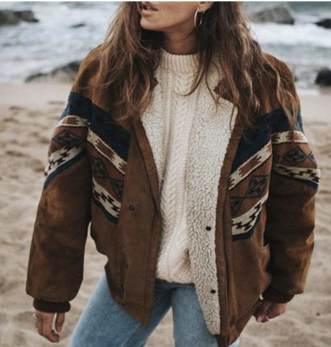 EB | Winterjacke - stilvolle braune Damenjacke mit Tribal-Design