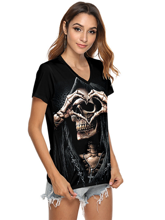Heidi-Mode | Skeleton Hand Print V-Ausschnitt Damen T-Shirt