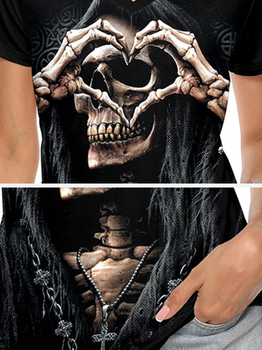 Heidi-Mode | Damen Halloween Totenkopf Herz Druck V-Ausschnitt Top