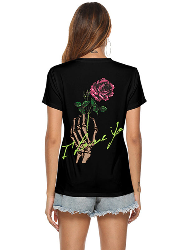 Heidi-Mode | Damen Halloween Totenkopf Herz Druck V-Ausschnitt Top