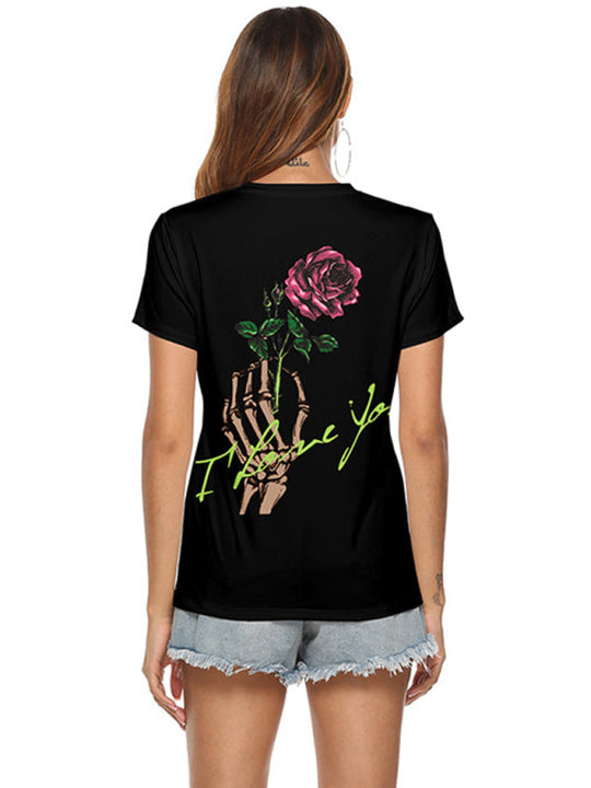 Heidi-Mode | Damen Halloween Totenkopf Herz Druck V-Ausschnitt Top