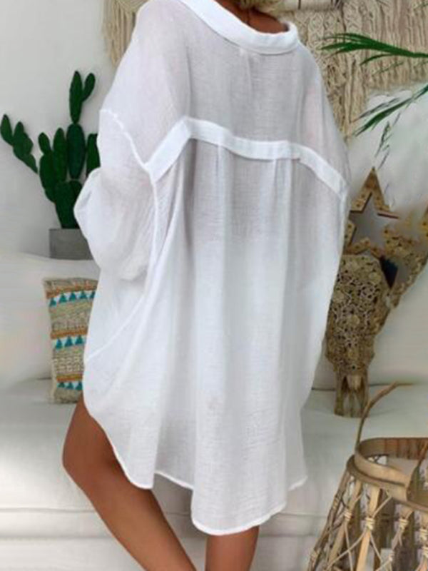 EB | Baumwoll-Leinen-Shirt Plus Size Damen Knopf Locker Langarm Freizeitshirt Damen Oberteile
