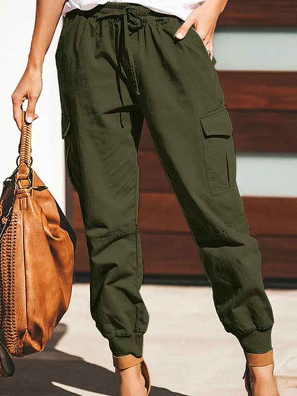 Heidi-Mode | Damen Einfarbige Casual Mode Tasche Krawatte Cargo Hose Damen Hosen