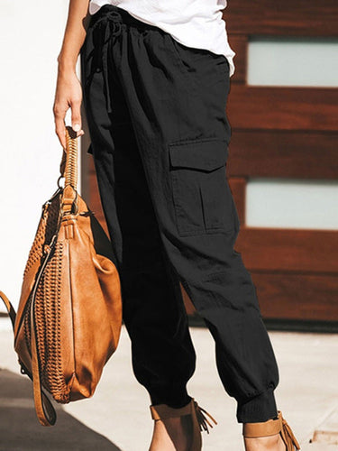 Heidi-Mode | Damen Einfarbige Casual Mode Tasche Krawatte Cargo Hose Damen Hosen