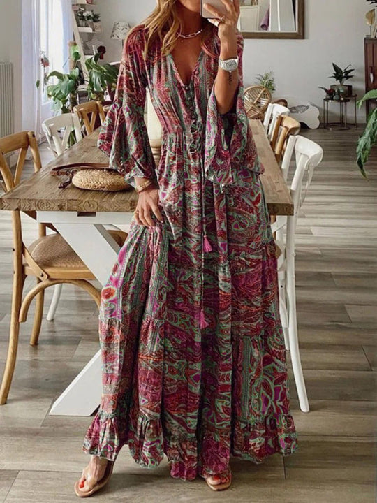EB | Damen Bohemianpaisley Druck & Trompetenärmel Kleid Maxi