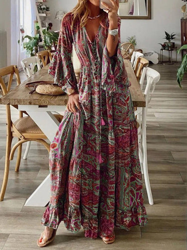 EB | Damen Bohemianpaisley Druck & Trompetenärmel Kleid Maxi
