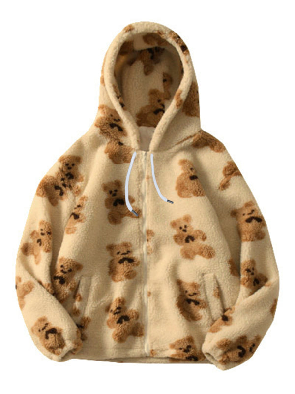 EB | Teddy-Muster lockeres Teddyfell Kapuzensweatshirt