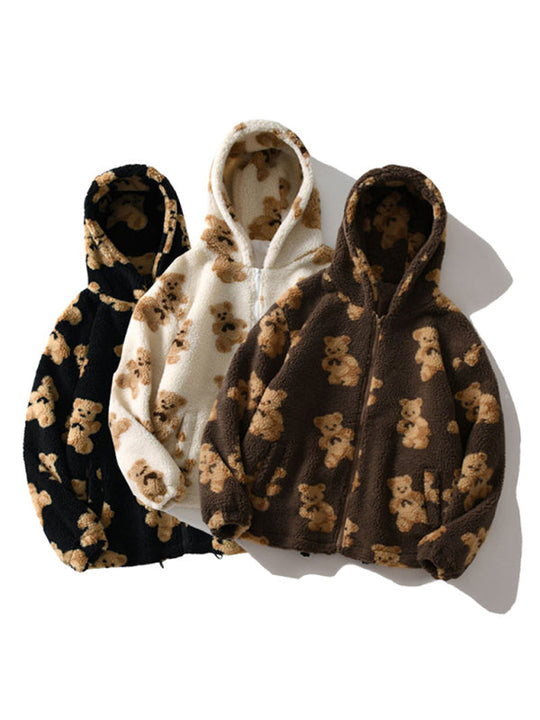 EB | Teddy-Muster lockeres Teddyfell Kapuzensweatshirt