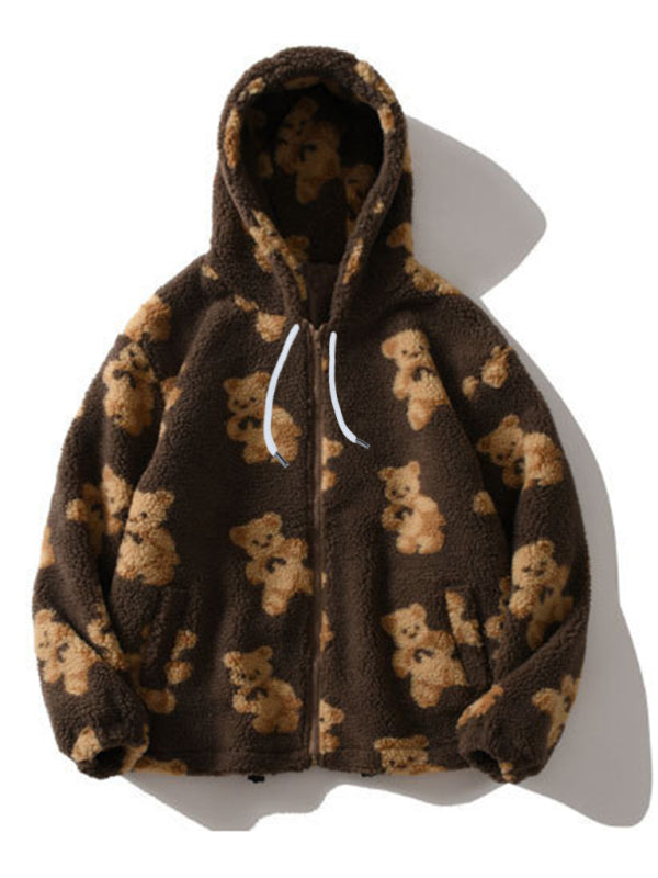 EB | Teddy-Muster lockeres Teddyfell Kapuzensweatshirt
