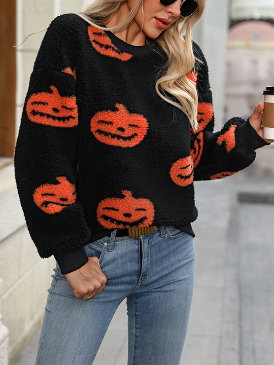 Heidi-Mode | Modisch Locker Halloween Druck Plüsch Locker Pullover Sweatshirt