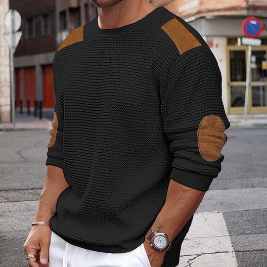 EB | Weißer Strickpullover mit Braunen Wildleder Akzenten