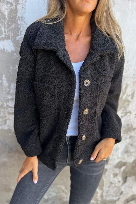 EB | Trendige Teddyjacke mit Knöpfen Kunstpelz Warm und Stylisch