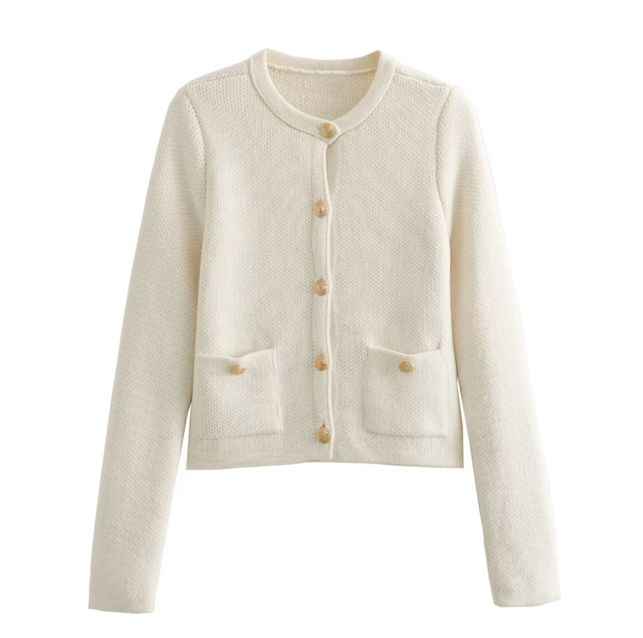 EB | Cardigan - Damen Herbst Weiß Strickcardigan mit Metallknöpfen