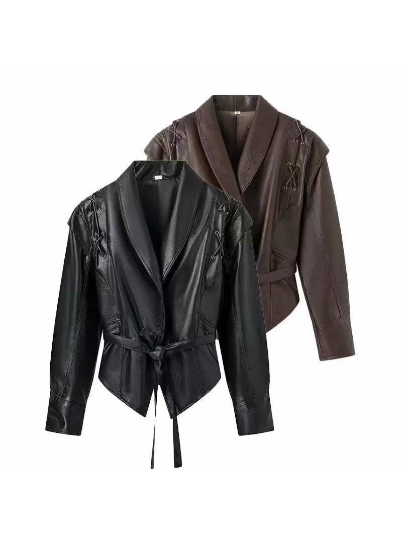 EB | Leder Schnür Lapel Kragen Blazer Jacke