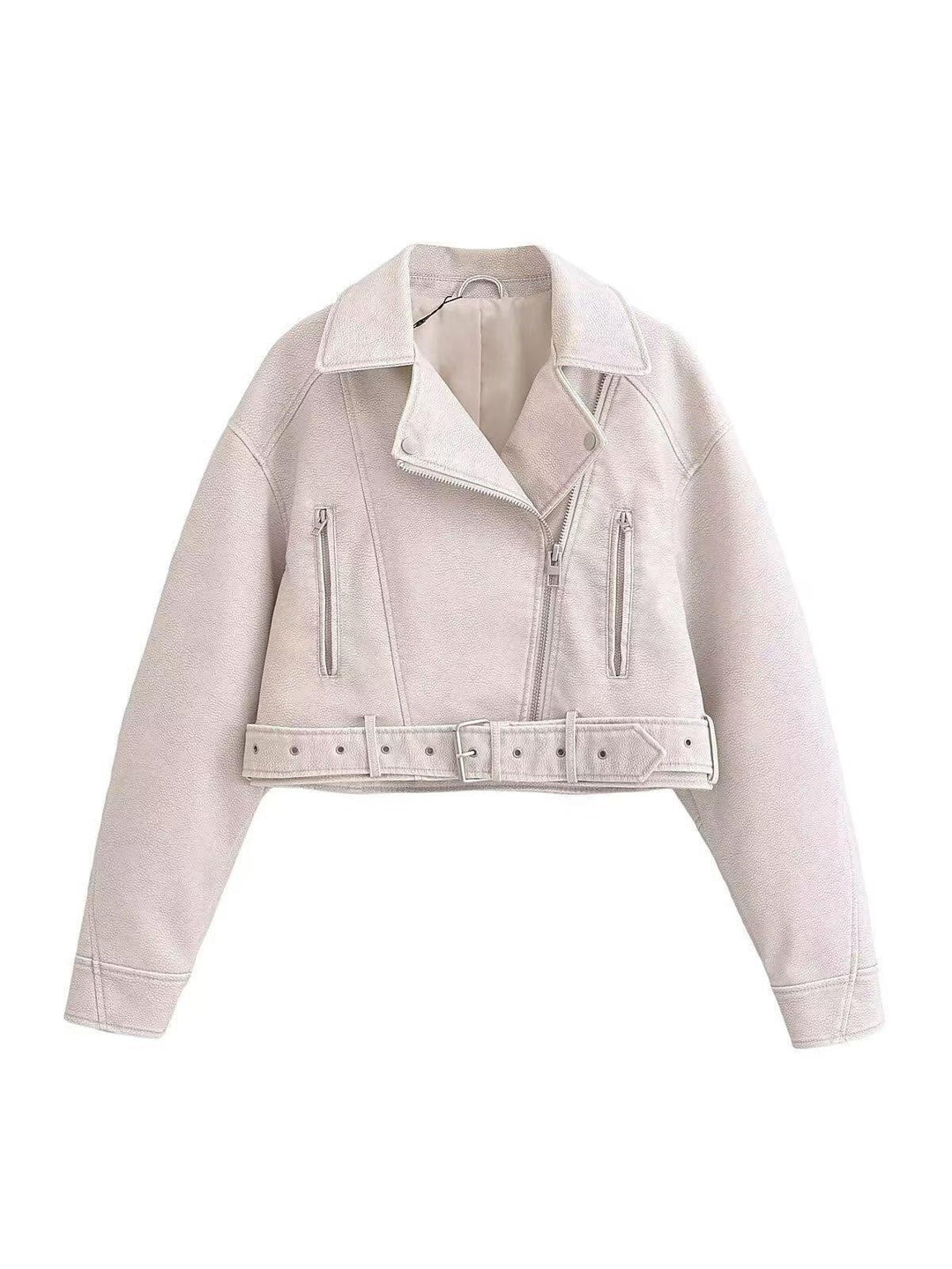 EB | Leder Reverskragen Cropped Jacke mit Gürtel
