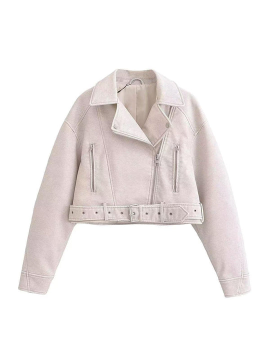 EB | Leder Reverskragen Cropped Jacke mit Gürtel
