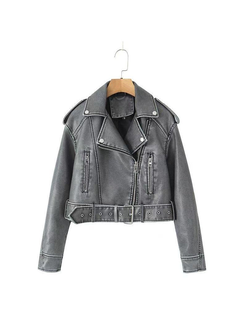 EB | Leder Reverskragen Cropped Jacke mit Gürtel